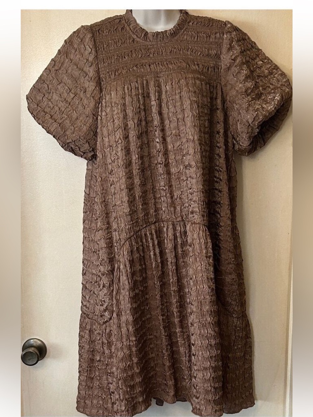 Anthropologie By The RiverTextured Brown Midi Dress with Puff Sleeves size M